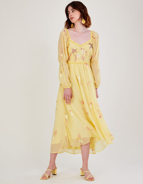 Heidi Embellished Midi Dress in Recycled Polyester Yellow, Yellow (YELLOW), large