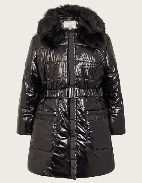 High Shine Ruffle Padded Coat, Black (BLACK), large