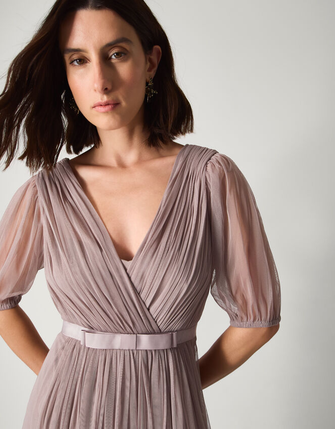 Ellie Sheer Sleeve Plunge Tulle Maxi Dress, Mink (MINK), large