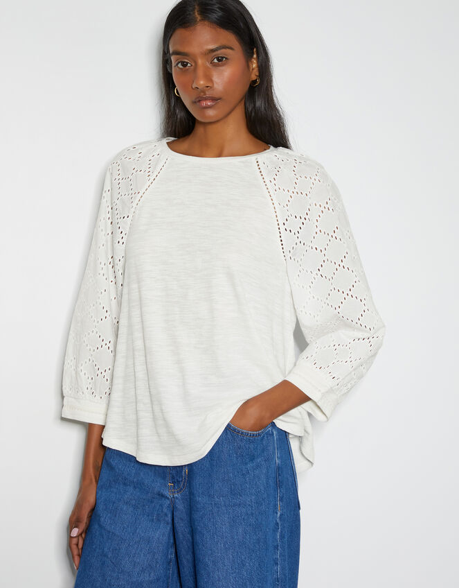 Fifi Broderie Long Sleeve Top, Ivory (IVORY), large