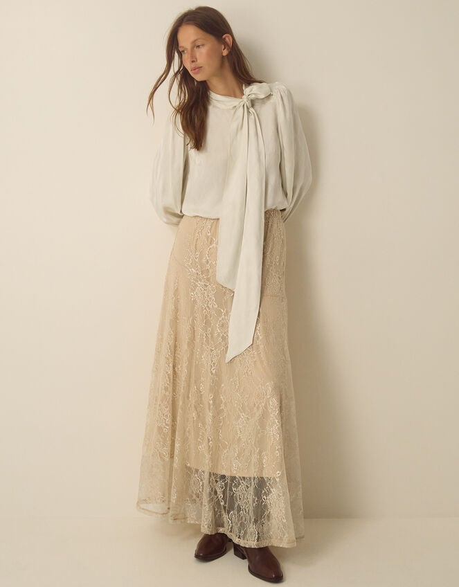 Skyla Jacquard Pussybow Blouse, Ivory (IVORY), large
