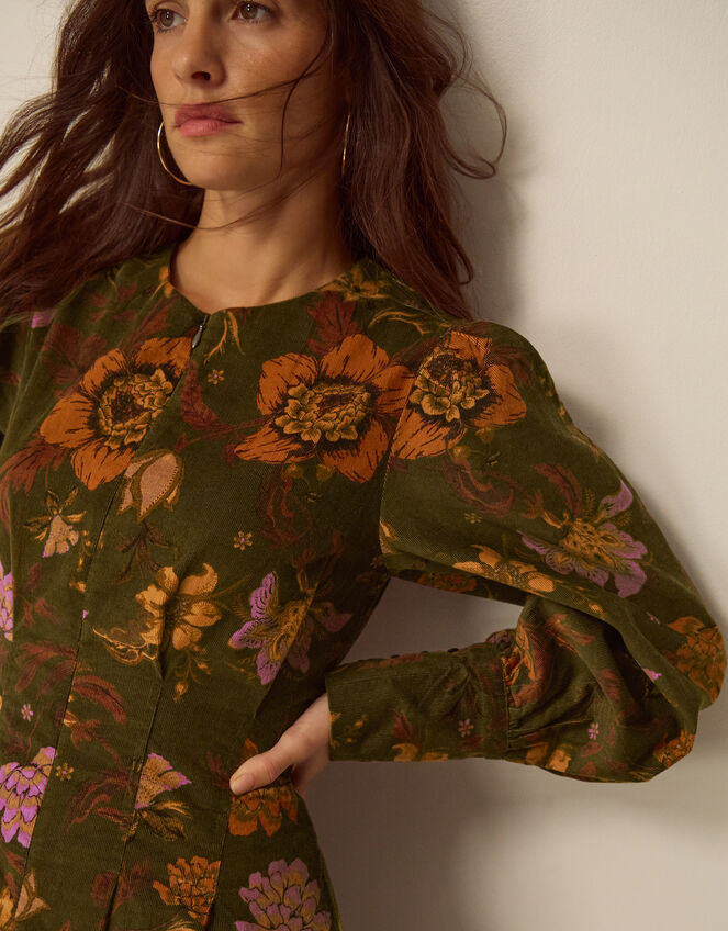 Princella Floral Corduroy Midi Dress, Green (GREEN), large