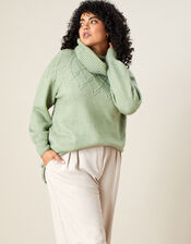 Cowl Neck Stitch Detail Longline Jumper, Green (GREEN), large