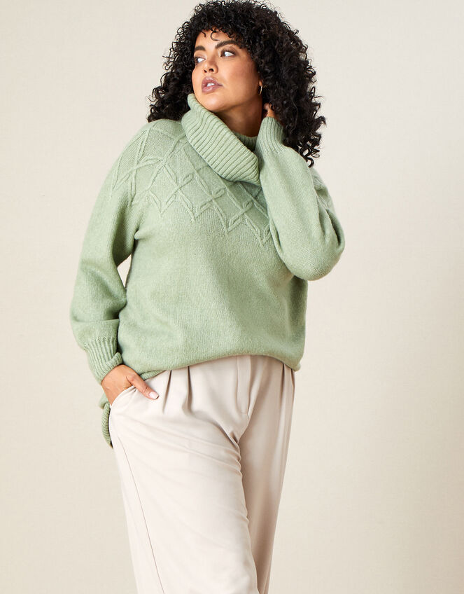 Cowl Neck Stitch Detail Longline Jumper, Green (GREEN), large