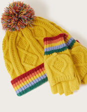 Matty Knit Rainbow Hat and Gloves Set, Yellow (MUSTARD), large