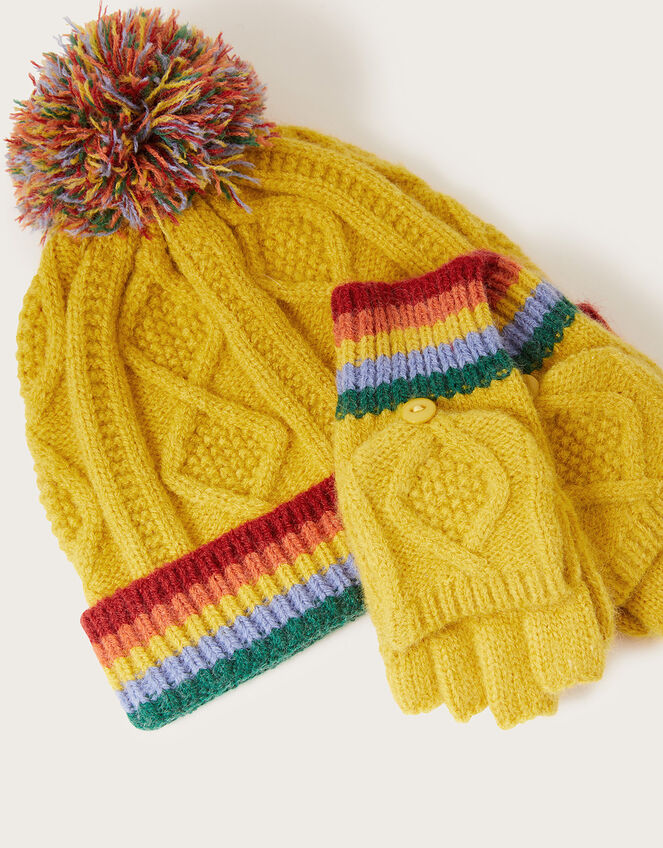Matty Knit Rainbow Hat and Gloves Set, Yellow (MUSTARD), large