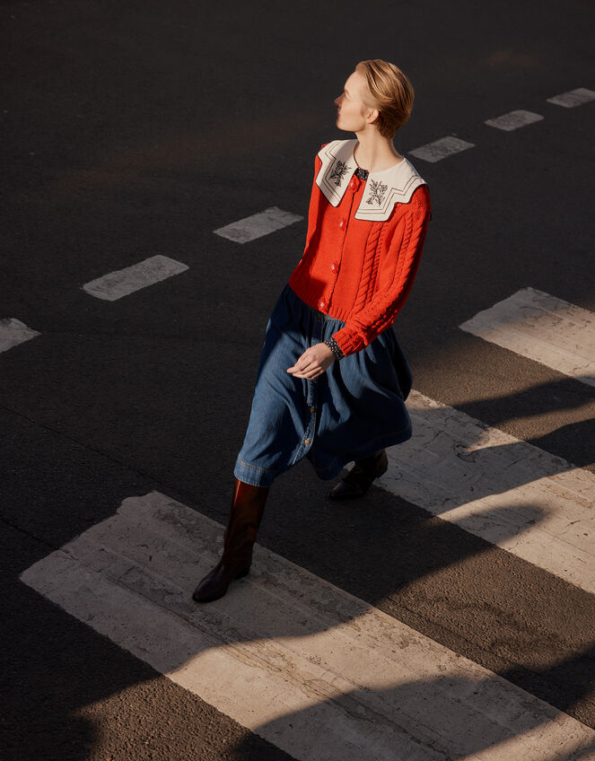 Kelly Flower Button Cable Knit Cardigan, Red (RED), large