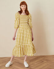 Smocked Check Dress, Yellow (OCHRE), large