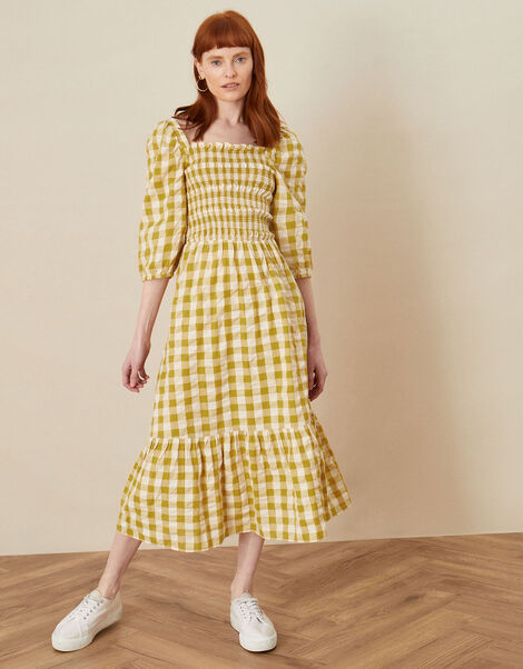Smocked Check Dress, Yellow (OCHRE), large