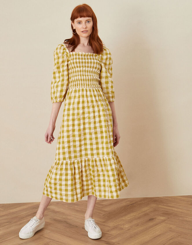 Smocked Check Dress, Yellow (OCHRE), large