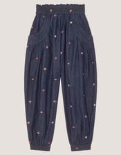 Embroidered Chambray Cuffed Trousers, Blue (BLUE), large