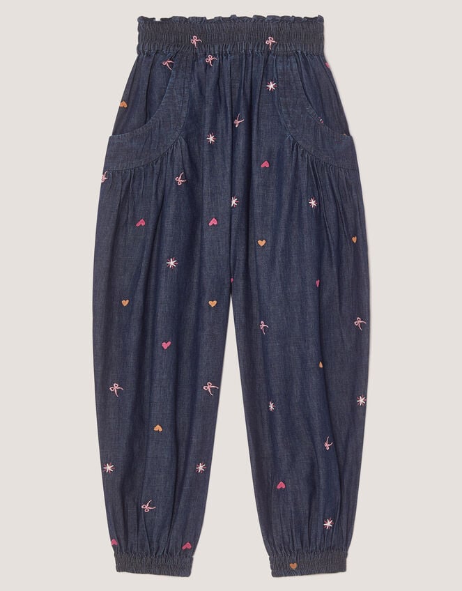 Embroidered Chambray Cuffed Trousers, Blue (BLUE), large