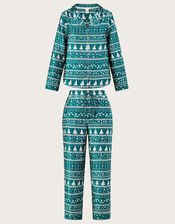 Fair Isle Christmas Satin Pyjama Set, Green (GREEN), large