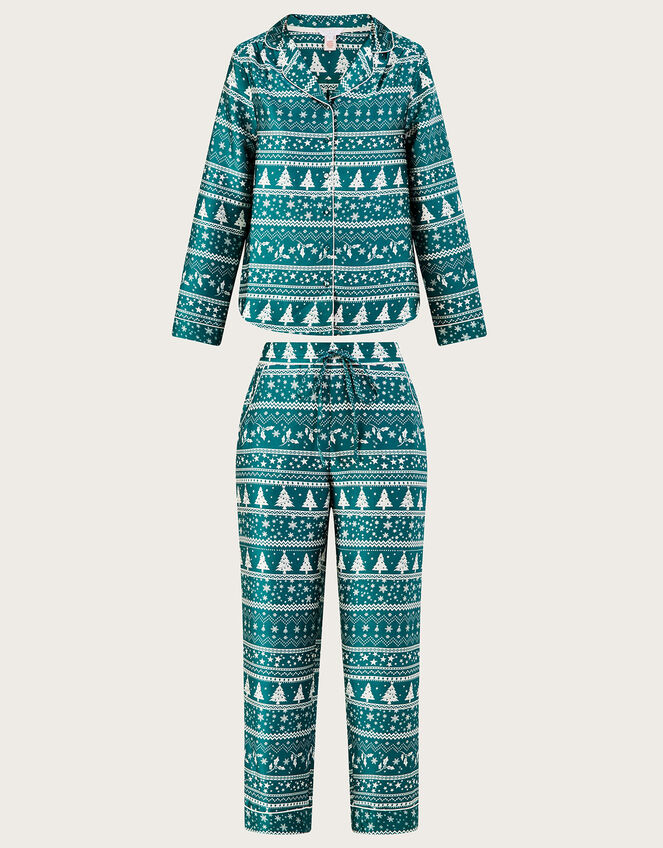 Fair Isle Christmas Satin Pyjama Set, Green (GREEN), large