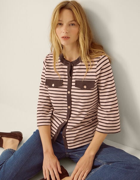 Shania Stripe Jersey Buttondown Top, Pink (BLUSH), large