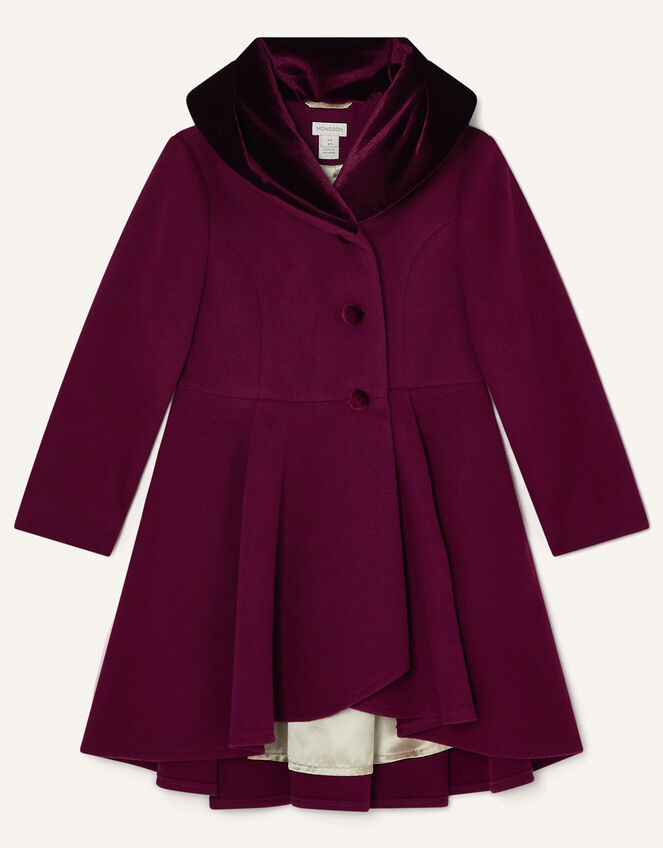 Velvet Shawl Collar Pleated Coat, Red (BURGUNDY), large