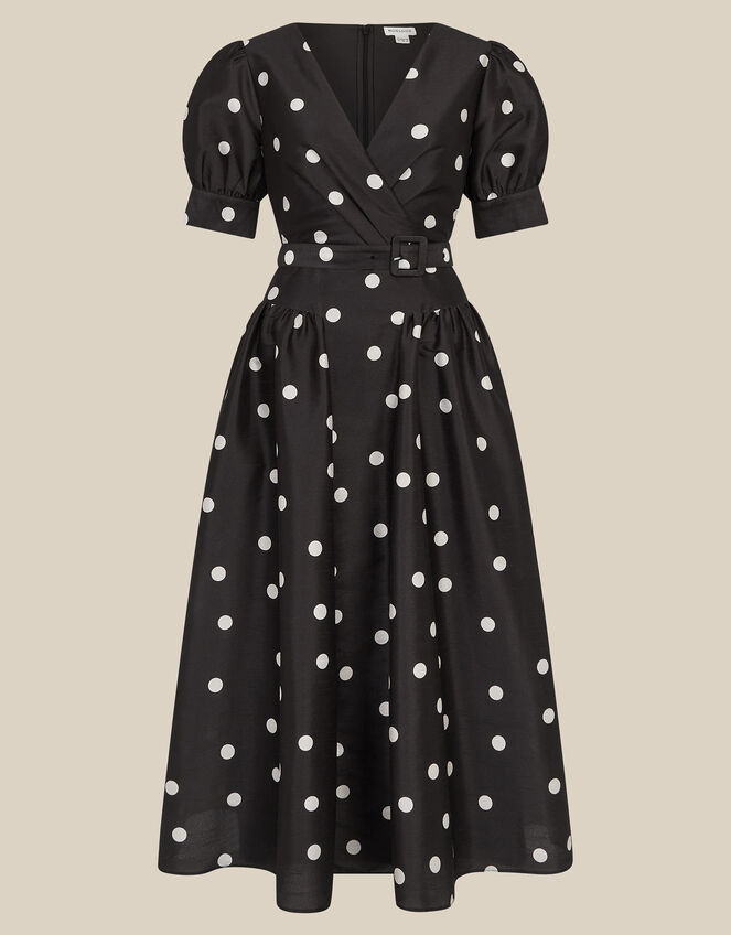 Amara Polka Dot Belted Midi Dress, Black (BLACK), large