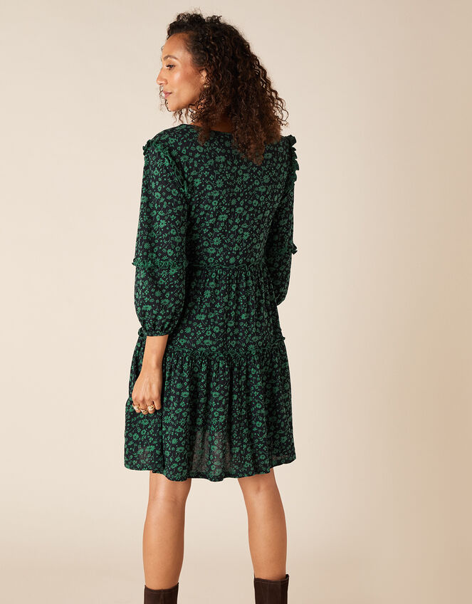 Floral Tiered Short Dress with Organic Cotton, Black (BLACK), large