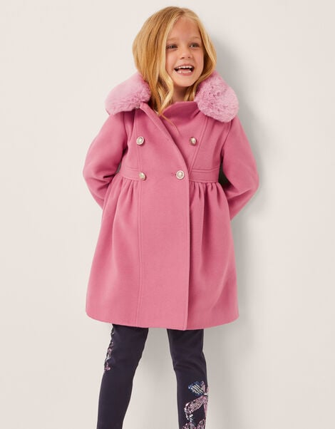 Natalia Faux Fur Collar Double-Breasted Coat, Pink (PINK), large