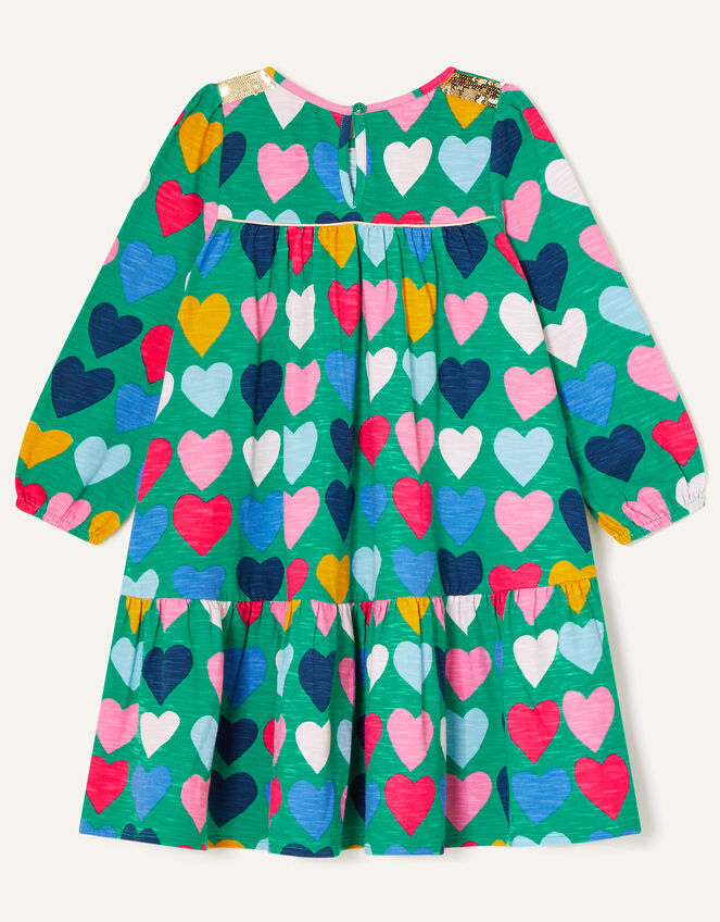 Sequin Shoulder Heart Print Dress, Green (GREEN), large