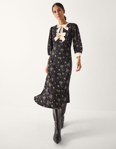 Dotty Bow Floral Jersey Midi Dress, Black (BLACK), large