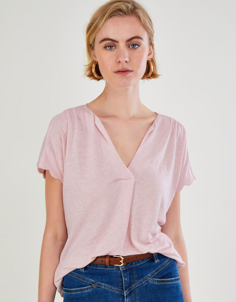 Scallop Detail Jersey T-Shirt in Linen Blend Pink, Pink (BLUSH), large