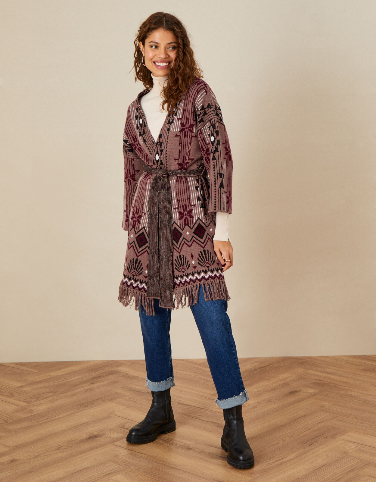 Agata Aztec Belted Cardigan Cream 
