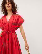 Riviera Pleated Tie Waist Midi Dress, Red (RED), large