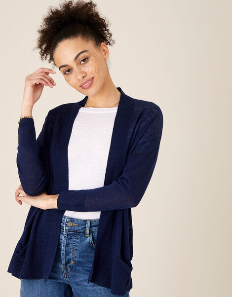 Lily Pocket Cardigan in Pure Linen Blue, Blue (NAVY), large