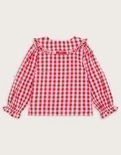Heart Collar Gingham Blouse, Red (RED), large