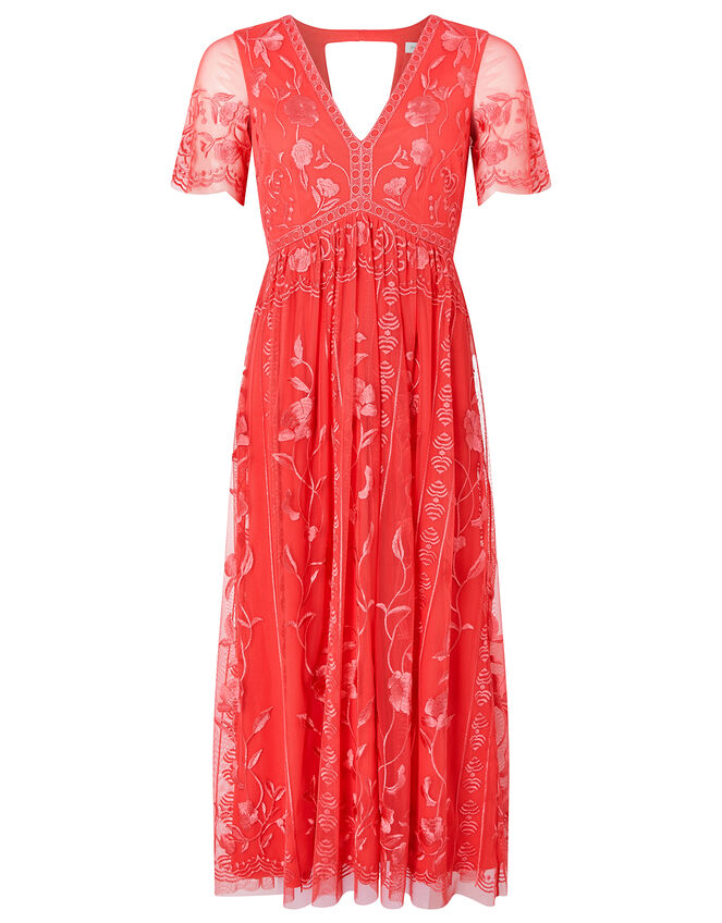 Valentina Embroidered Midi Dress, Orange (CORAL), large