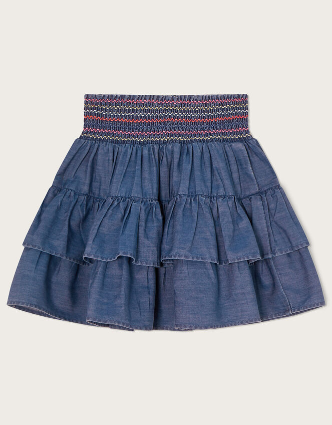 Stitch Detailing Tiered Chambray Skirt, Blue (BLUE), large