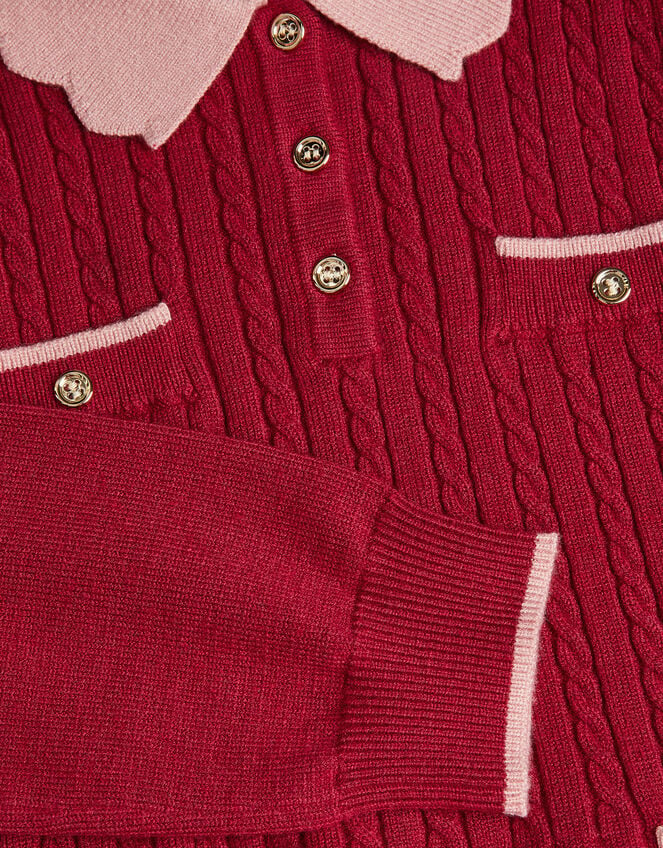 Scallop Collar Cable Knit Dress, Red (BURGUNDY), large