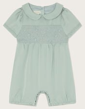 Baby Smocked Satin Romper, Green (SAGE), large