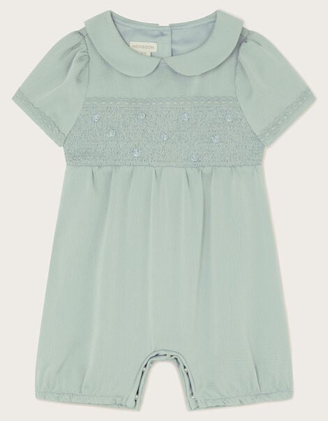 Baby Smocked Satin Romper, Green (SAGE), large
