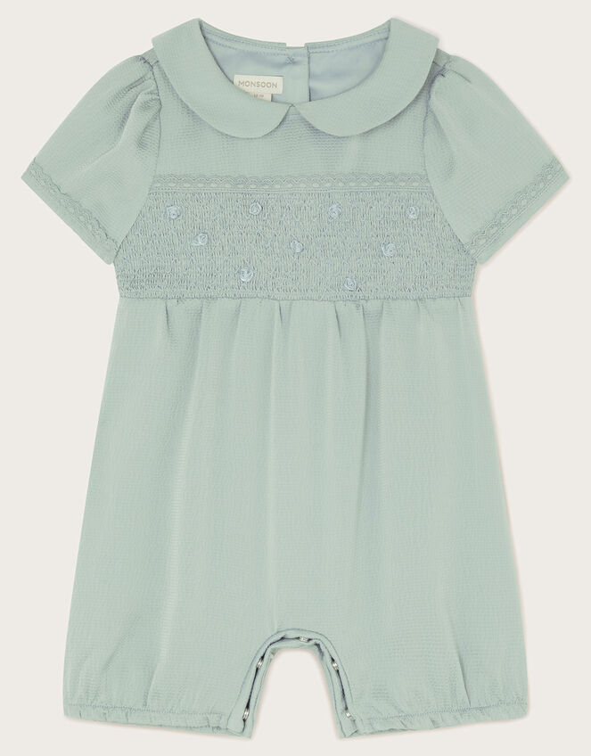 Baby Smocked Satin Romper, Green (SAGE), large