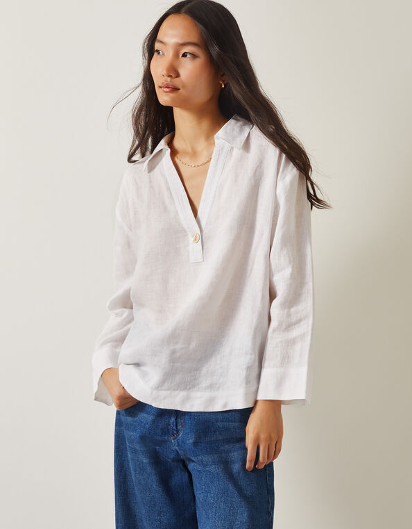 Clover Linen Button Blouse, White (WHITE), large