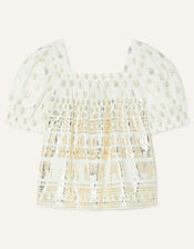 Boutique Elephant Foil Puff Sleeve Top, White (WHITE), large