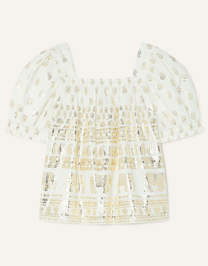 Boutique Elephant Foil Puff Sleeve Top, White (WHITE), large