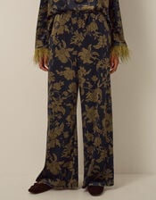 Princella High Waisted Floral Velvet Wide Leg Trousers, Blue (NAVY), large