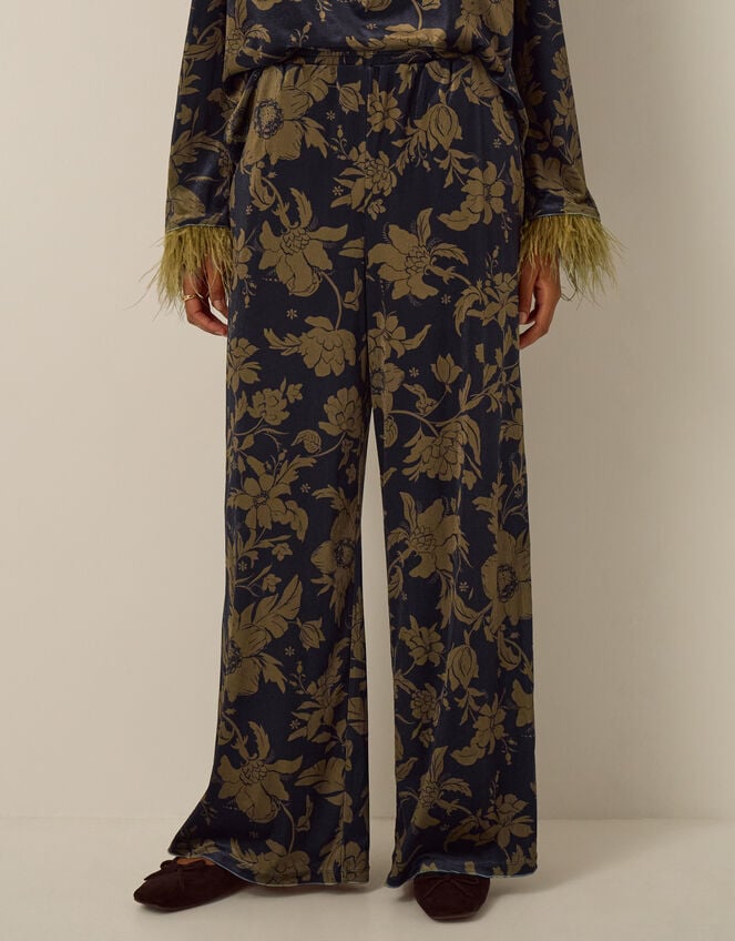 Princella High Waisted Floral Velvet Wide Leg Trousers, Blue (NAVY), large