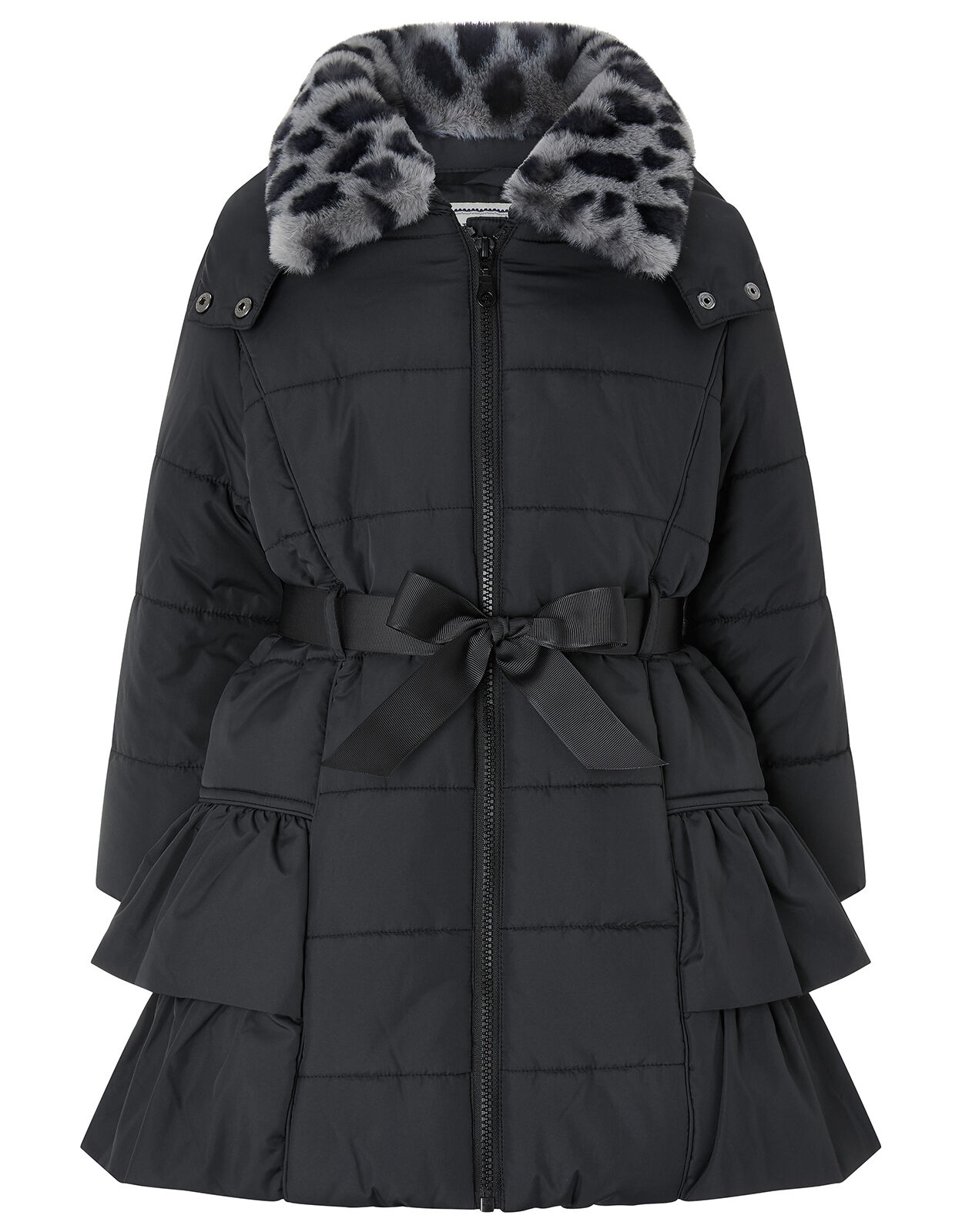 Black Frill Padded Coat with Detachable Faux Fur Collar Black Girls Coats Jackets Monsoon Global