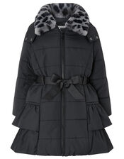 Black Frill Padded Coat with Detachable Faux Fur Collar, Black (BLACK), large