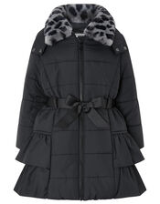 Black Frill Padded Coat with Detachable Faux Fur Collar, Black (BLACK), large