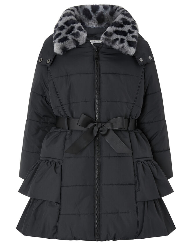 Black Frill Padded Coat with Detachable Faux Fur Collar, Black (BLACK), large