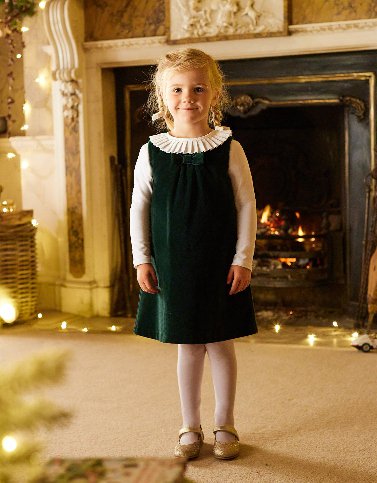 Trotters Emerald Velvet Pinafore Dress Green