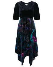 Persephone Peacock Print Hanky Hem Dress, Black (BLACK), large