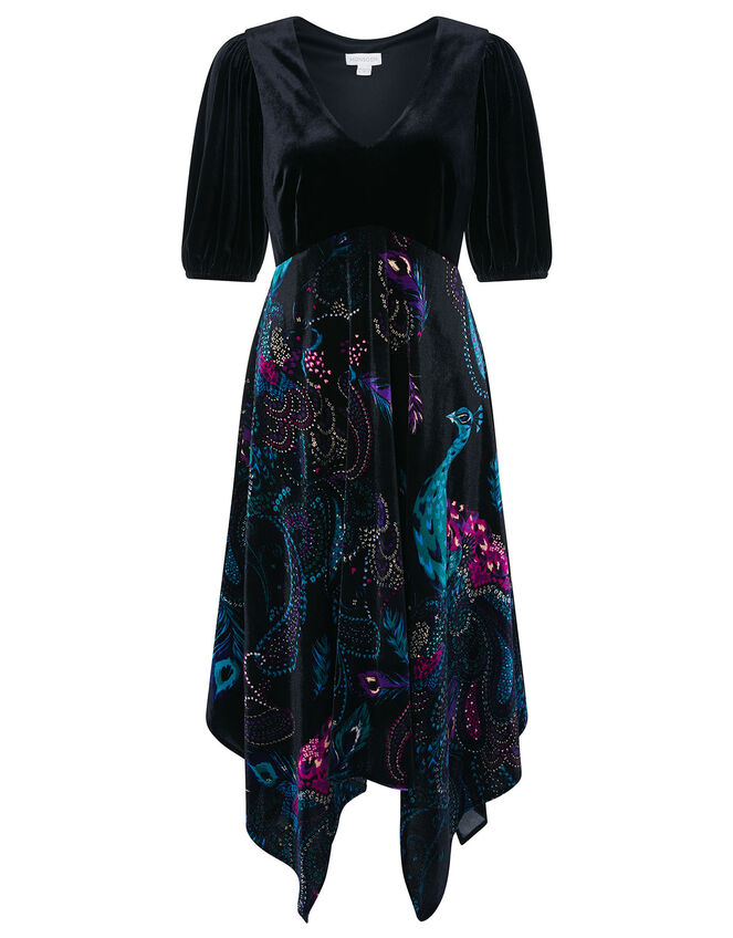 Persephone Peacock Print Hanky Hem Dress, Black (BLACK), large