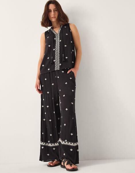 Samara Embroidered Wide Leg Trousers, Black (BLACK), large