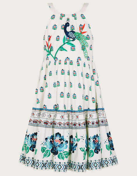 MINI ME Boutique Angelina Embroidered Peacock Dress, White (WHITE), large